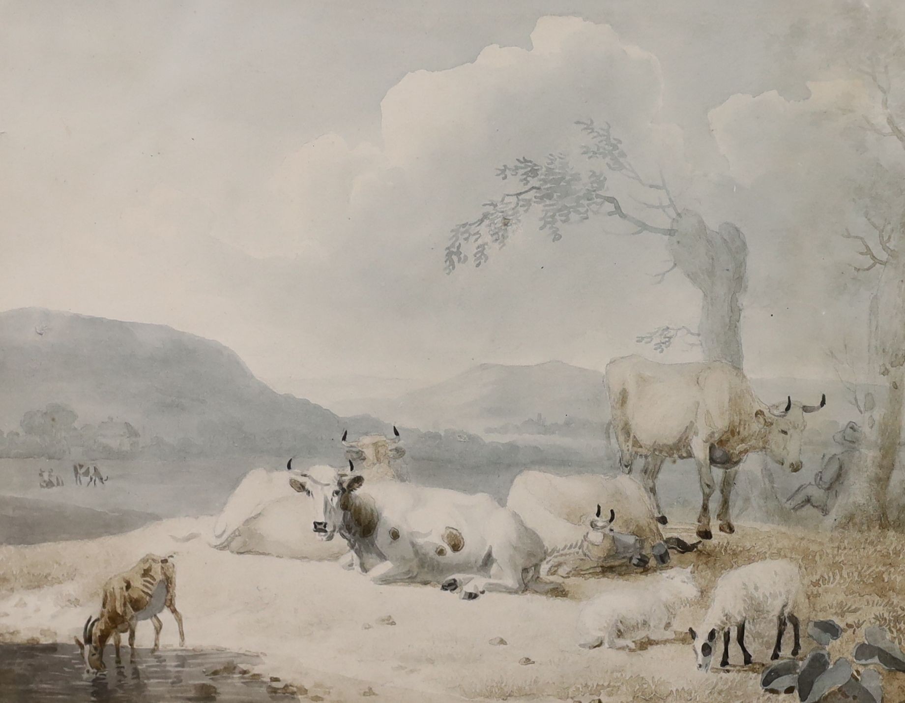 19th Century Dutch School, ink and watercolour, Cattle and goats watering, 17.5 x 22cm